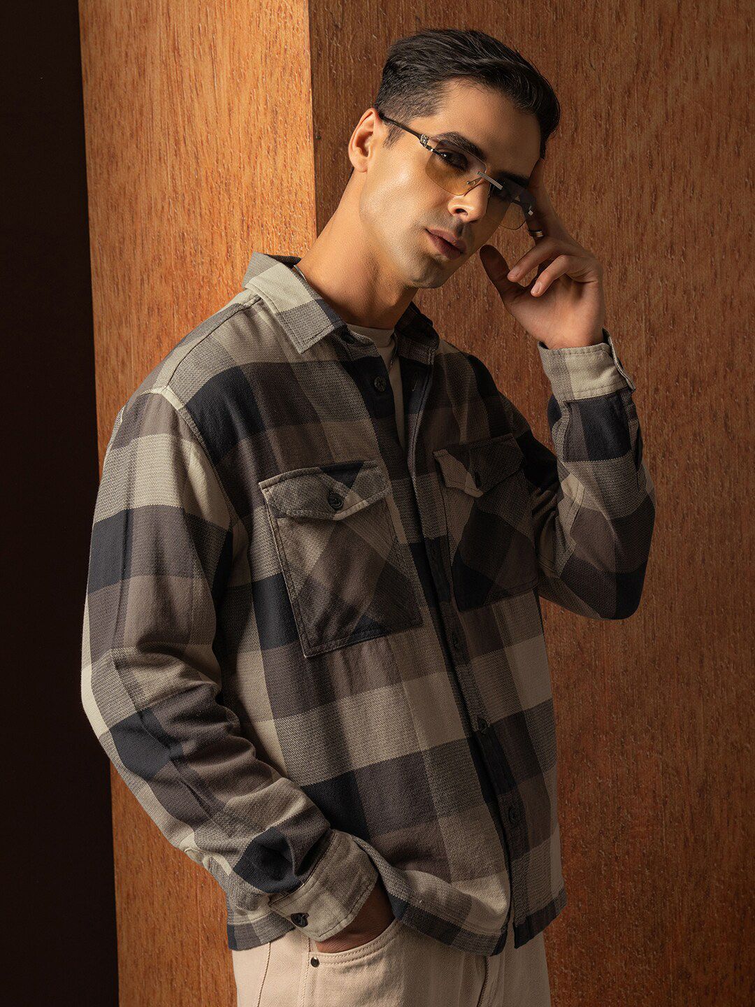 LOCOMOTIVE Premium Oversized Dobby Textured Checked Utility Pocket Overshirt