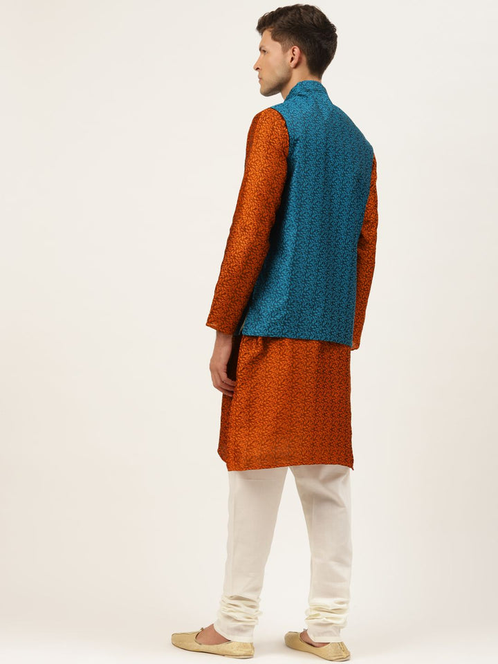 SOJANYA Lelaki Biru Teal & Rust Orange Jacquard Motif Etnik Kurta Lurus dengan Churidar