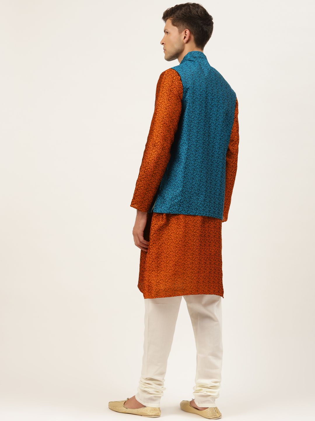 SOJANYA Lelaki Biru Teal & Rust Orange Jacquard Motif Etnik Kurta Lurus dengan Churidar