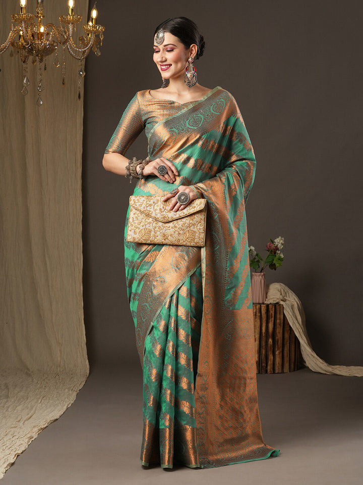 Saree mall Teal & Gold-Toned Woven Design Zari Silk Blend Banarasi Sarees