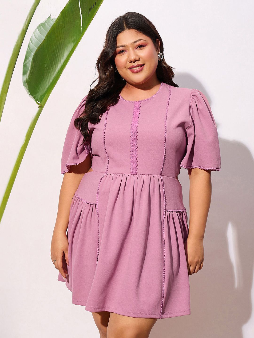 SASSAFRAS Curve Plus Size Pink Round Neck Puff Sleeves Gathered Fit & Flare Dress