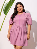 SASSAFRAS Curve Plus Size Pink Round Neck Puff Sleeves Gathered Fit & Flare Dress