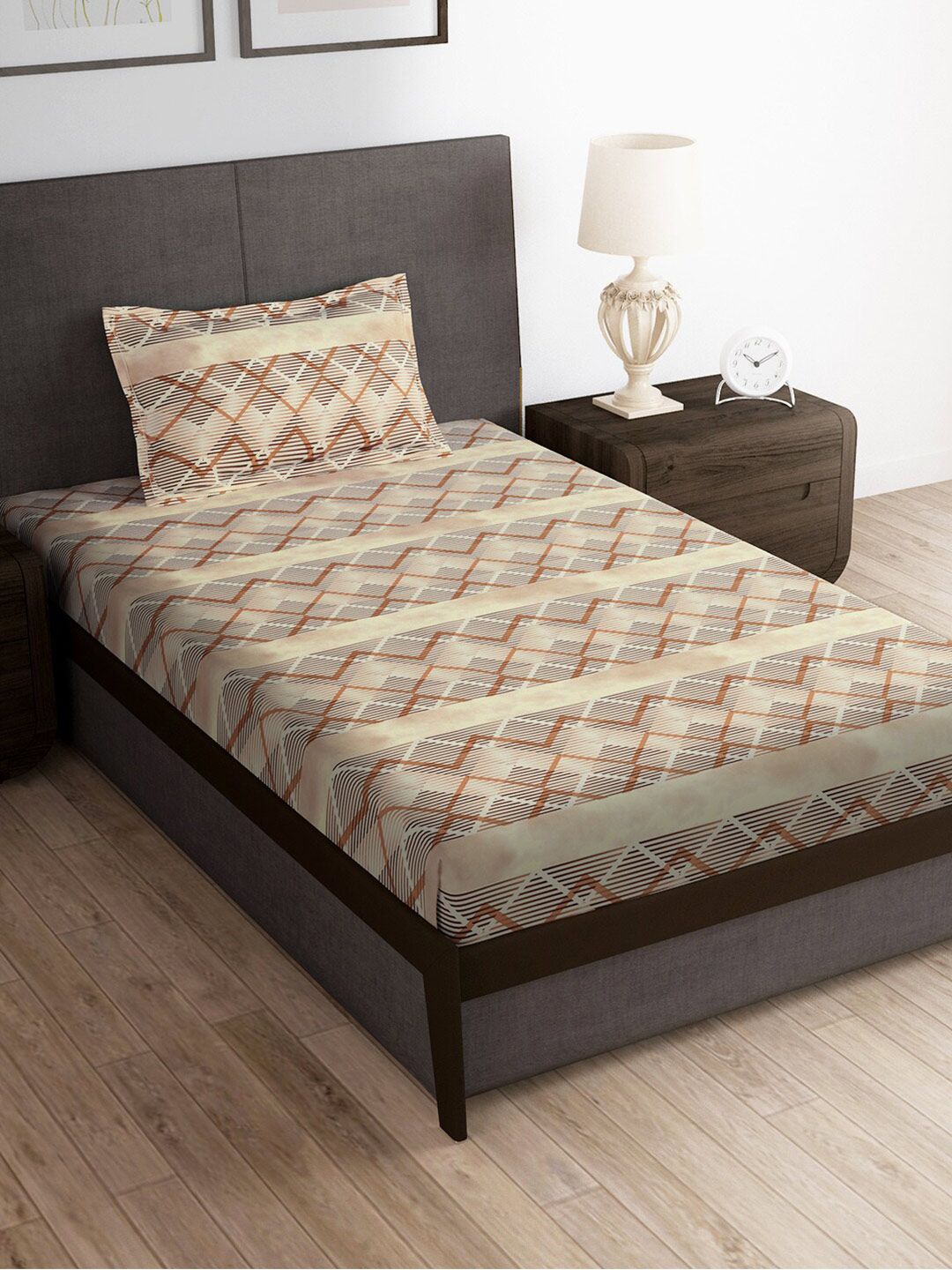 Story@home Brown & White Striped Microfiber 180 TC Single Bedsheet With 1 Pillow Cover