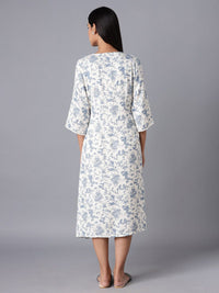 W Women White & Blue Floral A-Line Midi Dress