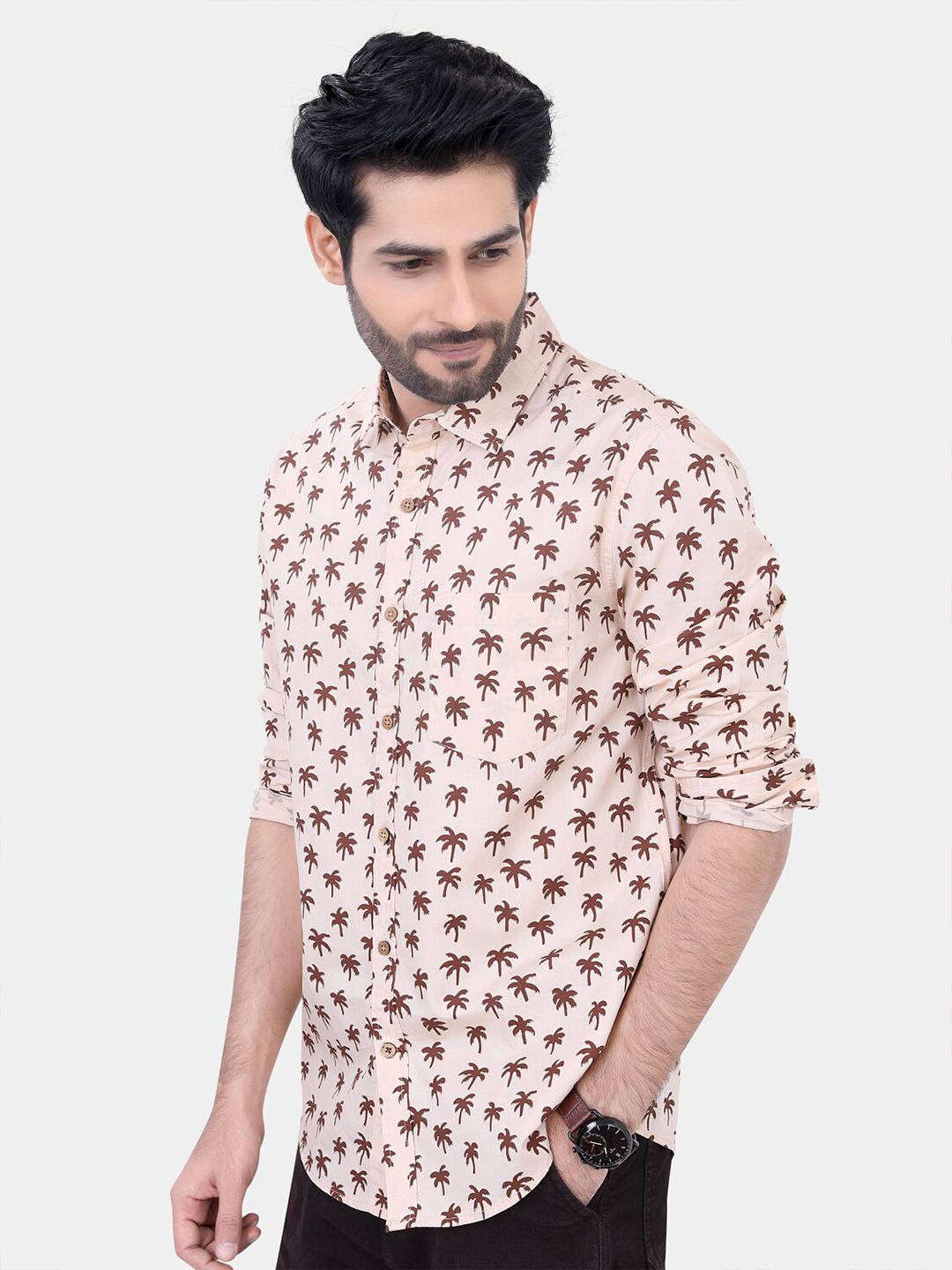 VASTRADO Classic Printed Spread Collar Long Sleeves Slim Fit Casual Shirt