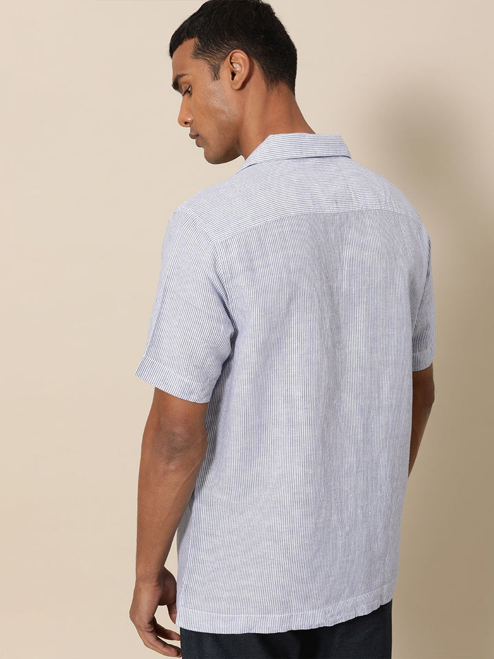 Mr Bowerbird Men Navy Blue & White Liberal Fit Striped Casual Shirt