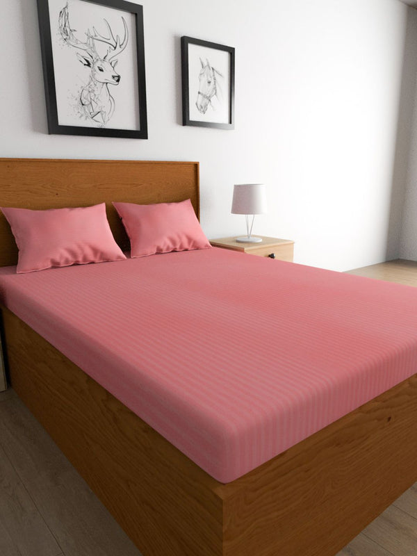 TEAL BY CHUMBAK Rose Gold Striped Satin 210 TC Queen Bedsheet with 2 Pillow Covers