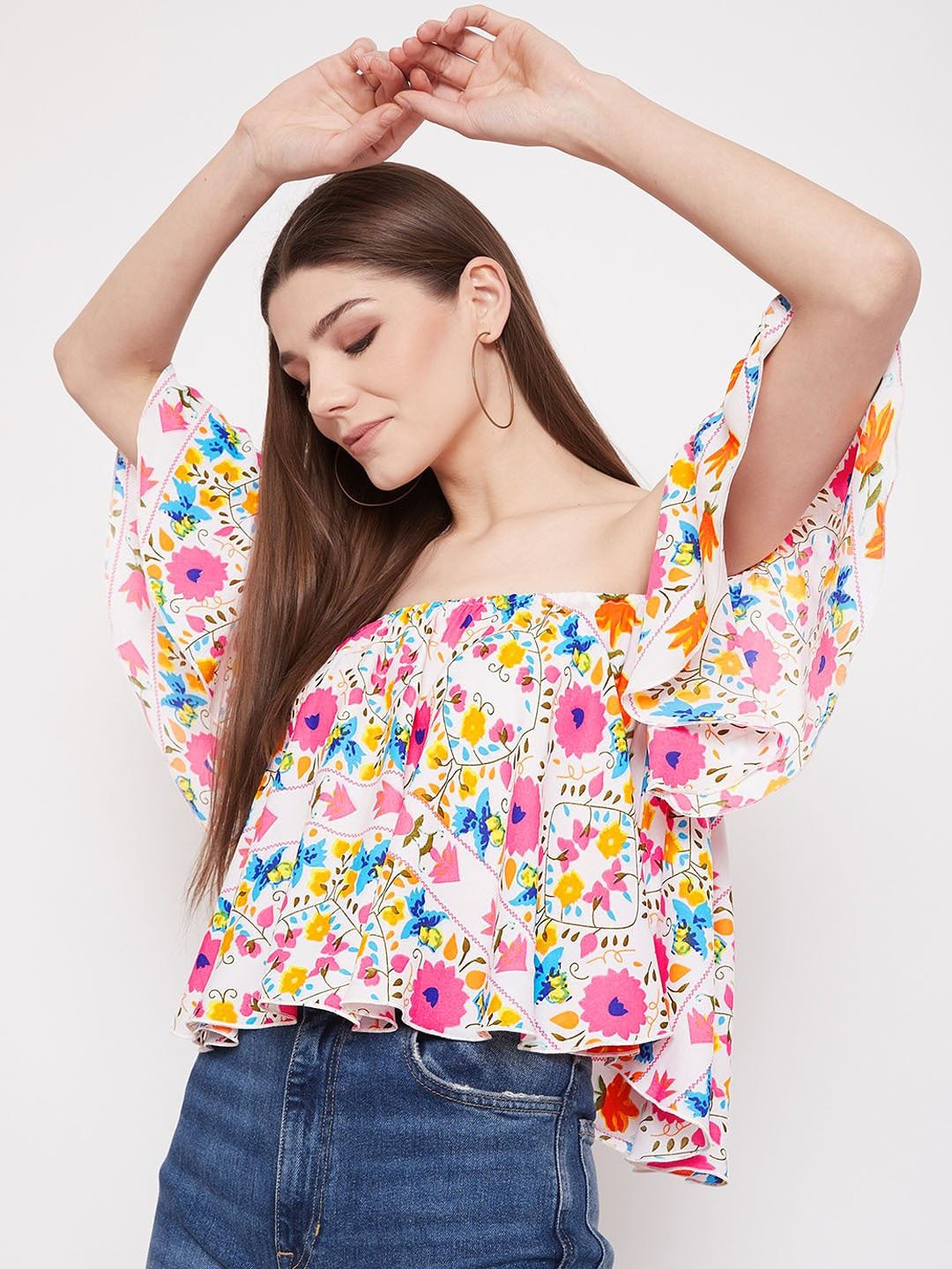 Berrylush White & Pink Floral Off-Shoulder Crepe Bardot Crop Top