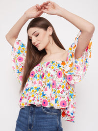 Berrylush White & Pink Floral Off-Shoulder Crepe Bardot Crop Top