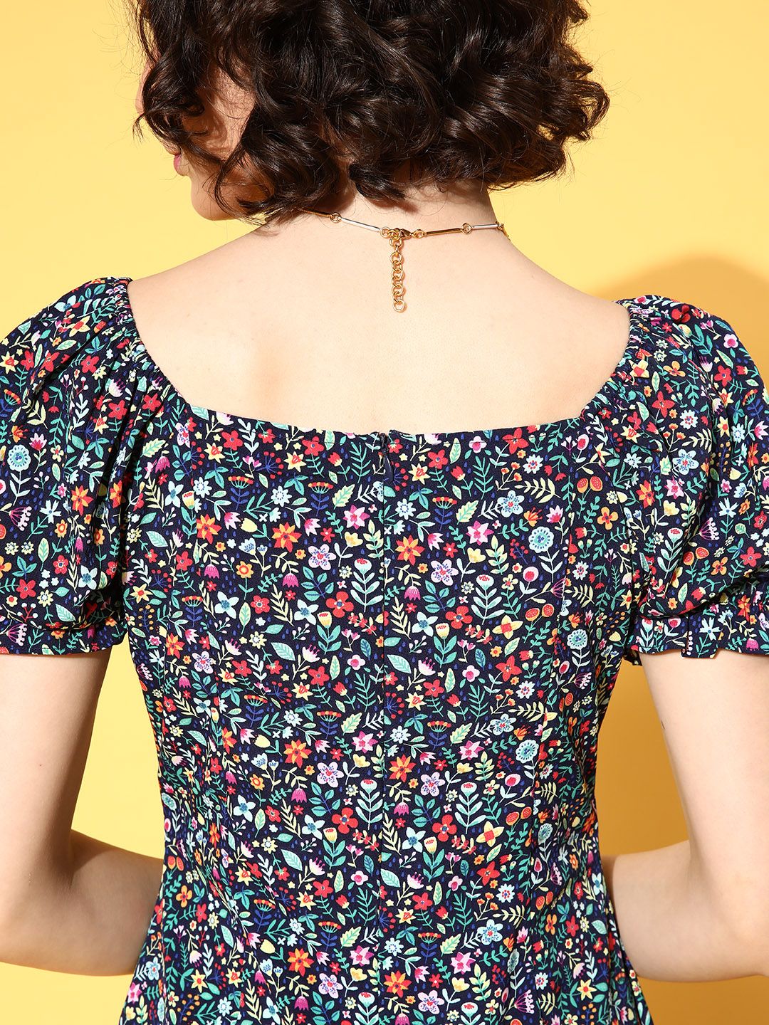 Berrylush Navy Blue Floral Crepe A-Line Mini Dress