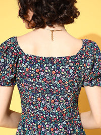Berrylush Navy Blue Floral Crepe A-Line Mini Dress