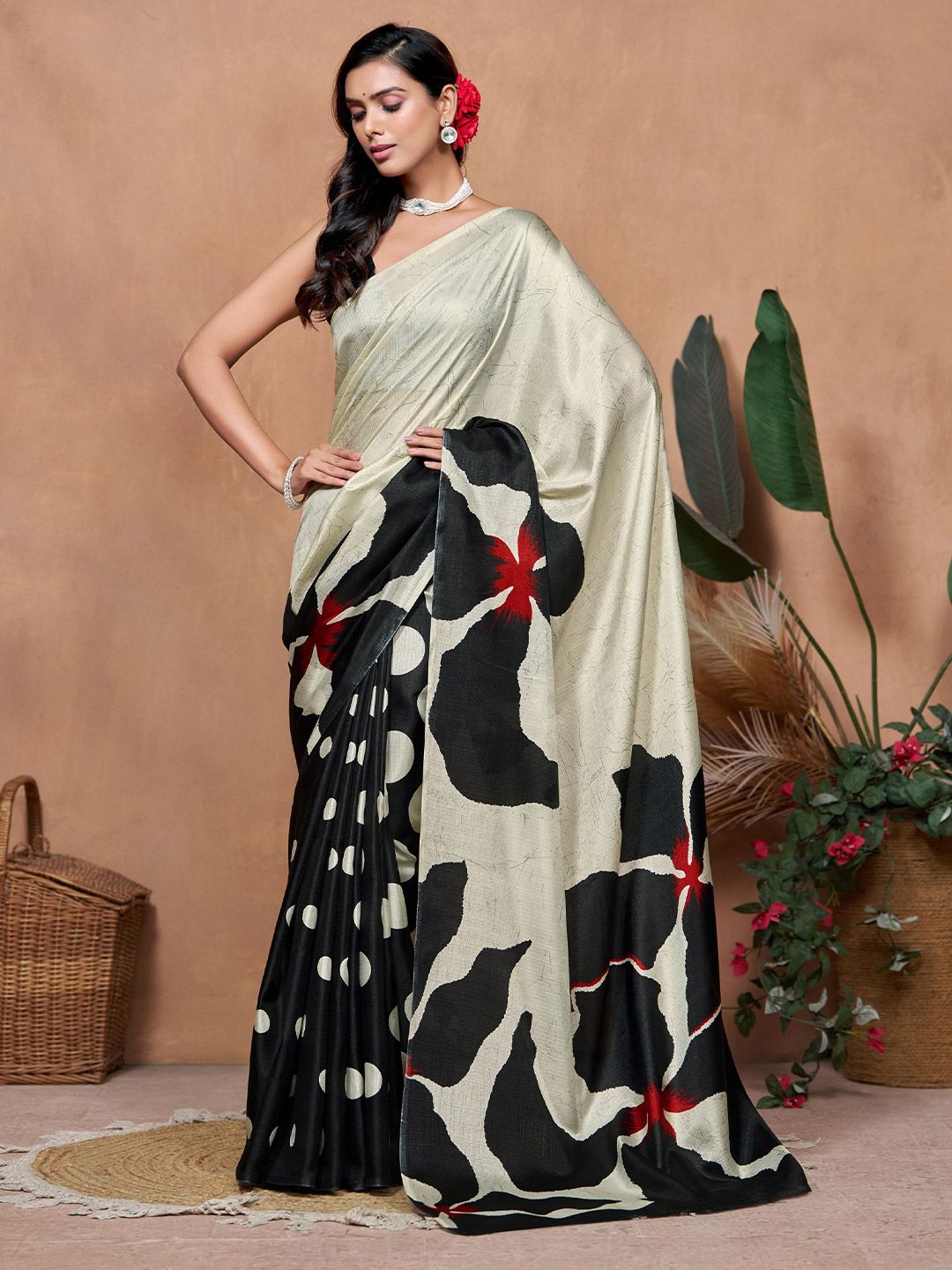 Kalini Womne's Art Silk Printed and Polka Dot Saree With Blouse Piece