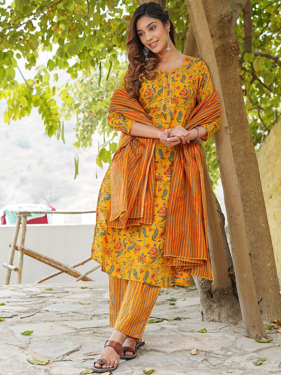 KALINI Floral Printed Gotta Patti Pure Cotton Kurta with Trousers & Dupatta