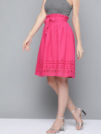 SASSAFRAS Fuchsia Pink Pure Cotton Schiffli Detail Flared Skirt with Belt
