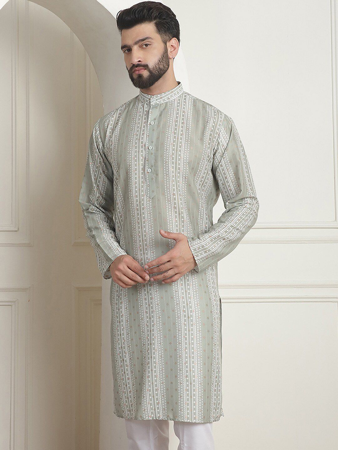 SOJANYA Printed Mandarin Collar Lengan Panjang Kurta Lurus