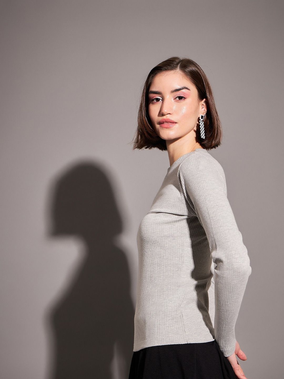 SASSAFRAS Grey Long Sleeves High Neck Fitted Top