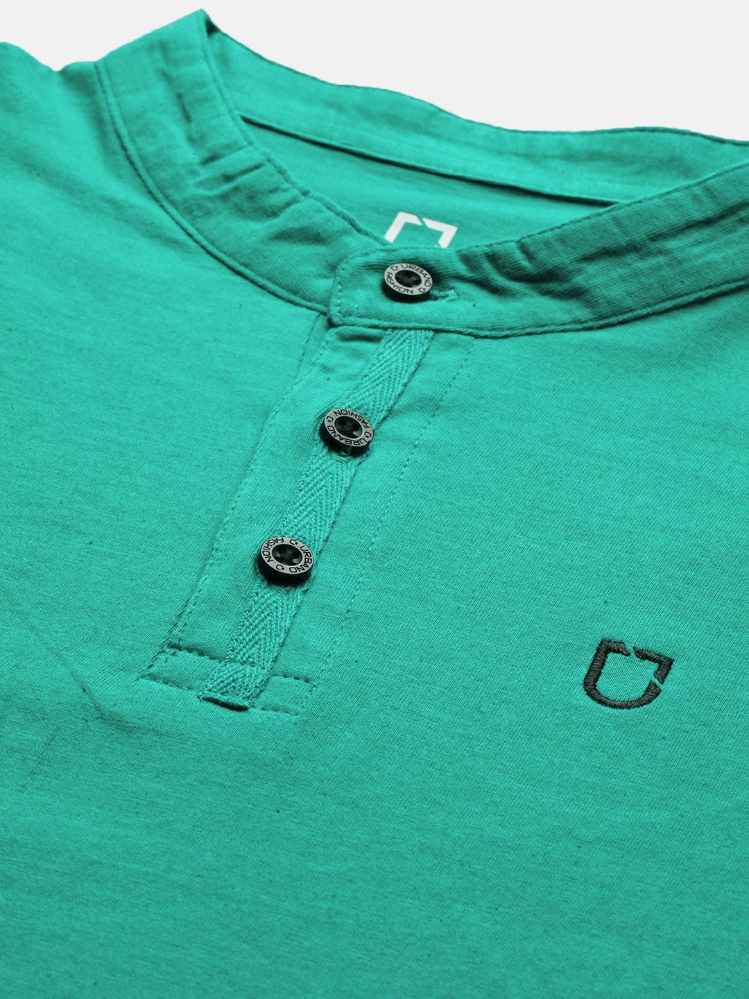 Urbano Fashion Men Teal Green Slim Fit Solid Mandarin Collar Pure Cotton T-shirt