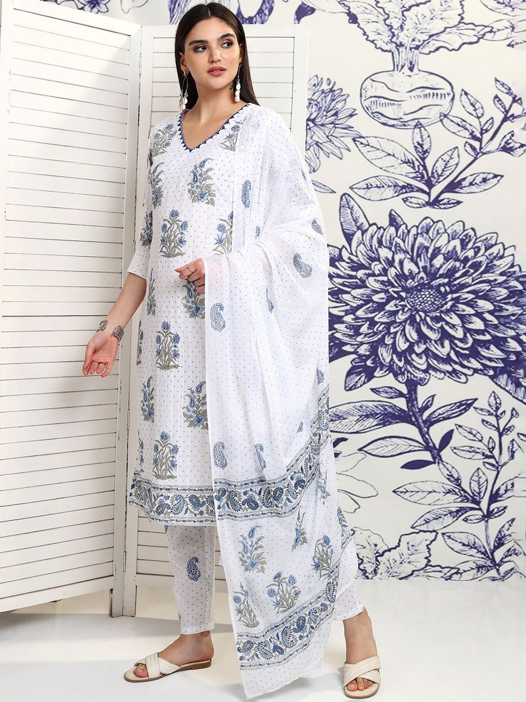 Vishudh Floral Printed Pure Cotton Straight Kurta & Trousers With Dupatta