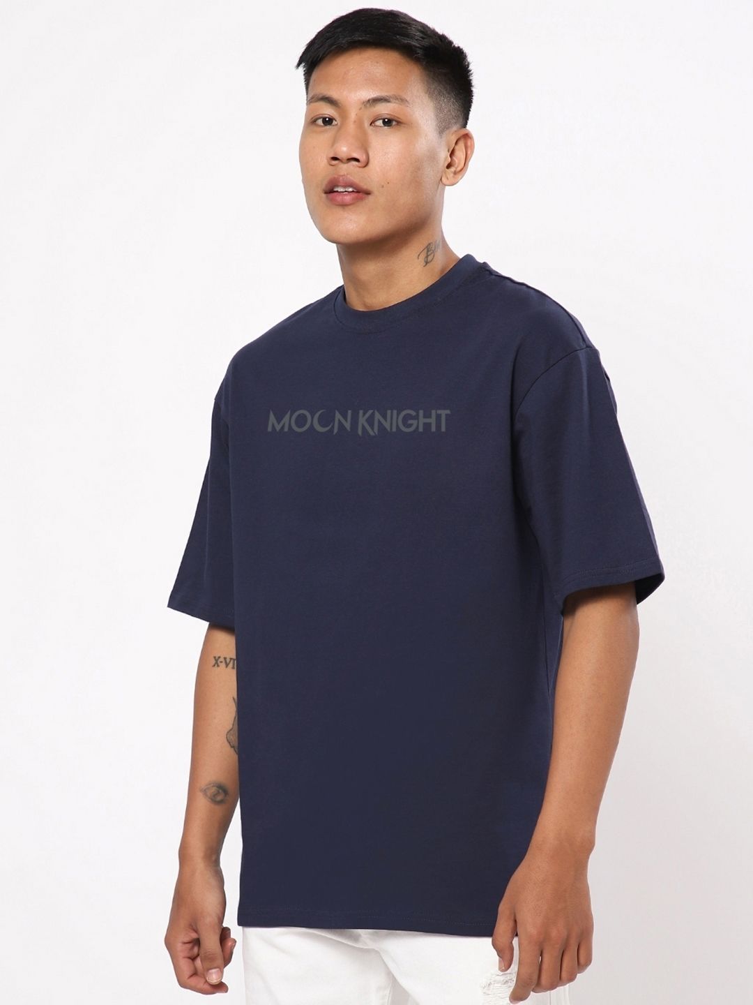 Bewakoof Men Navy Blue Printed Pure Cotton Oversized T-shirt
