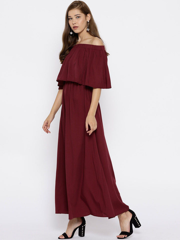 Berrylush Maroon Off-Shoulder Crepe Maxi Dress