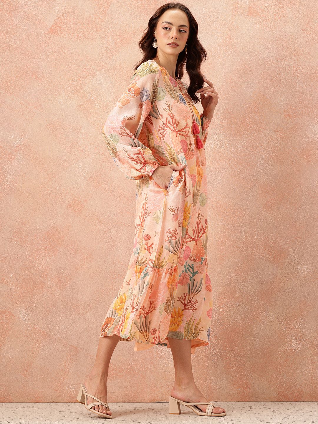 all about you Floral Printed Puff Sleeve A-Line Midi Dress