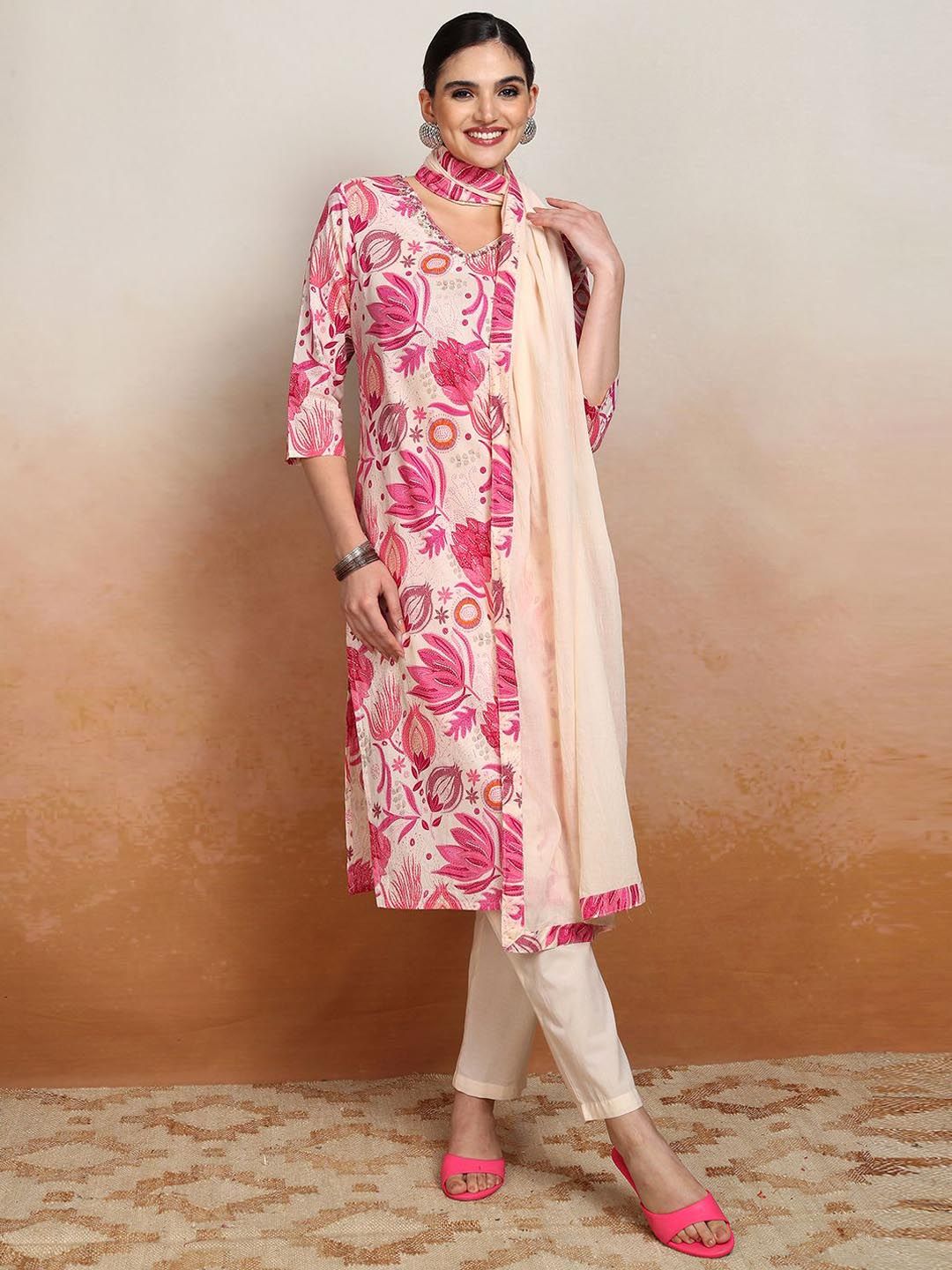 Vishudh Floral Printed Pure Cotton Straight Kurta & Trousers With Dupatta