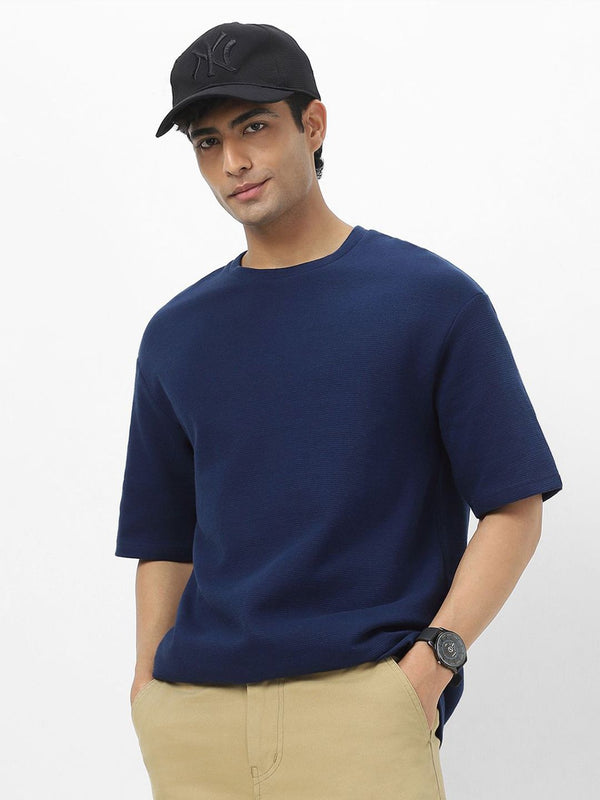 Urbano Fashion Men Textured Round Neck Oversized Half Sleeve Cotton T-Shirt
