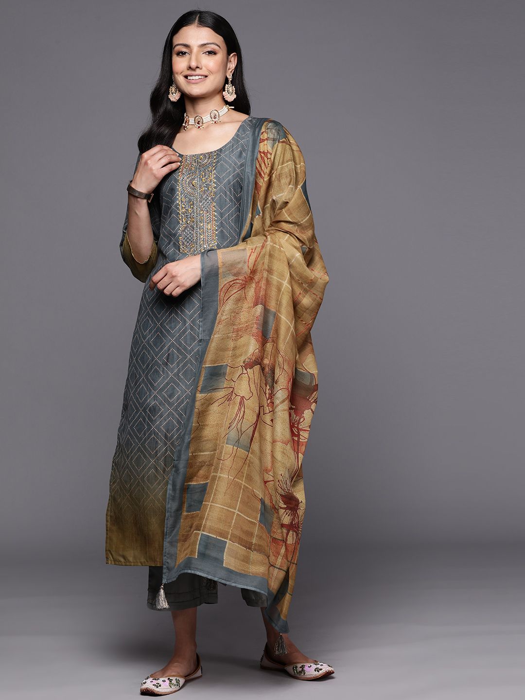Libas Yoke Design Thread Work Kurta with Trousers & With Dupatta