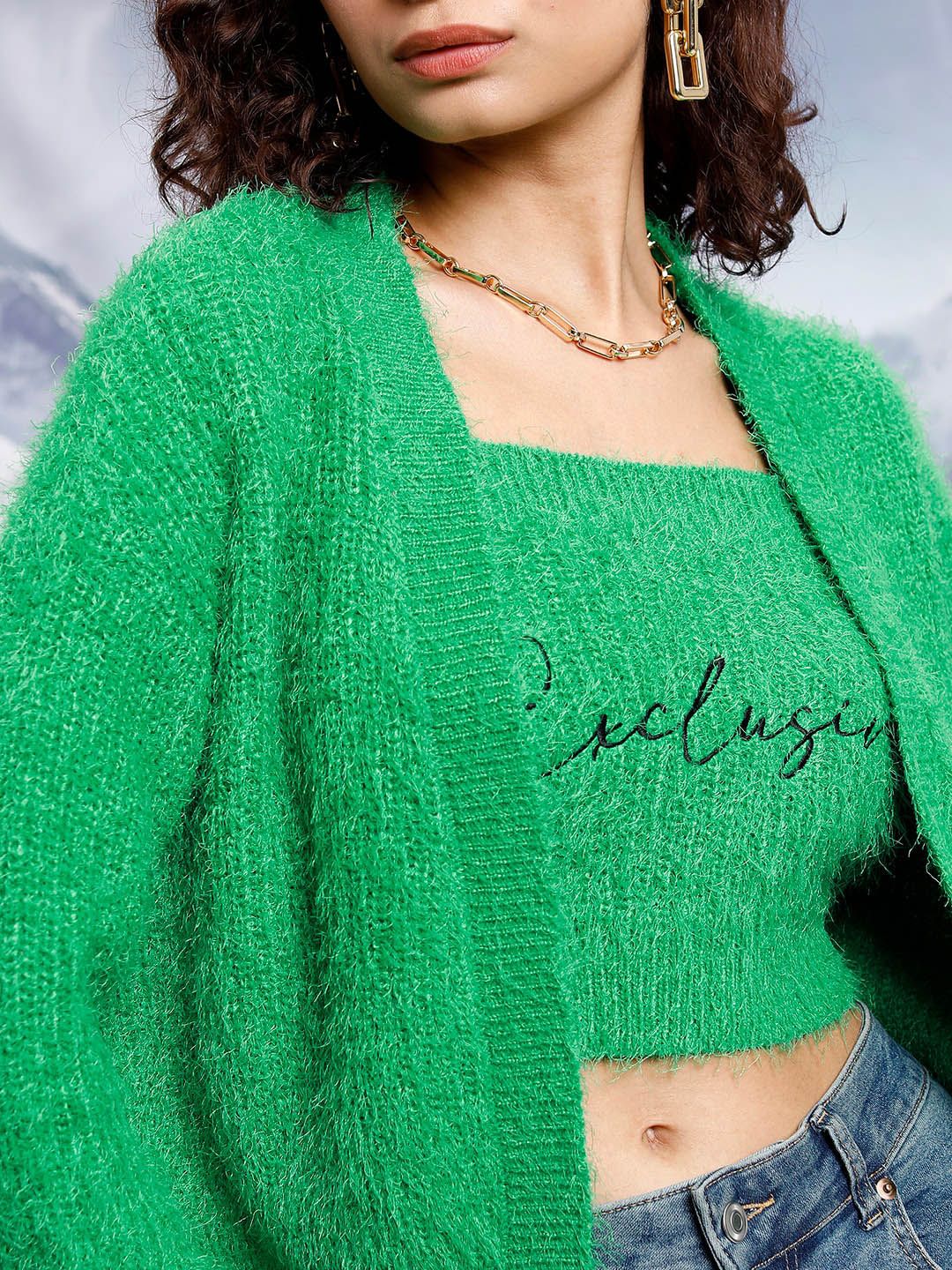 Tokyo Talkies Green Self Design Shoulder Straps Acrylic Crop Top With Cardigan