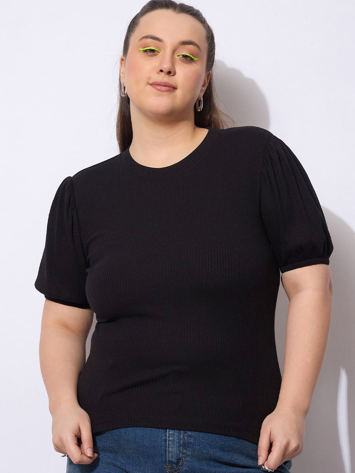 SASSAFRAS Women Round Neck Puff Sleeve Top