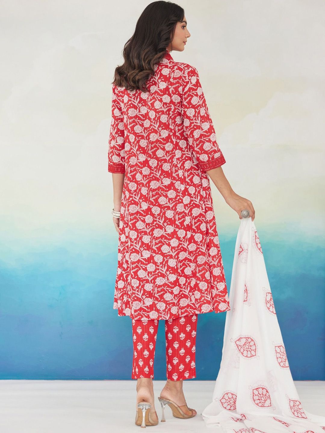 Indo Era Women Floral Printed Pleated Beads and Stones Pure Cotton Kurta with Trousers & With Dupatta