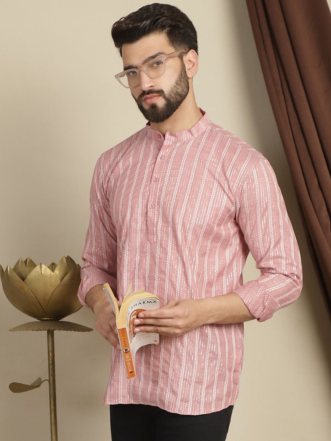 Kurta Kerja Benang Kapas Berjalur Anouk Kolar Mandarin Lengan Panjang