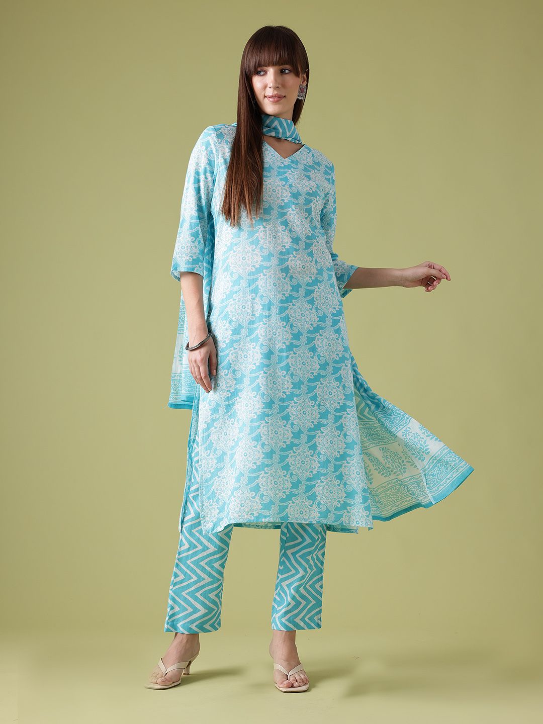 Anouk Floral Printed Pure Cotton Straight Kurta with Trousers & Dupatta