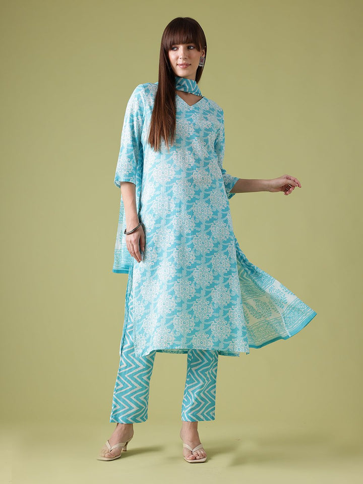 Anouk Floral Printed Pure Cotton Straight Kurta with Trousers & Dupatta