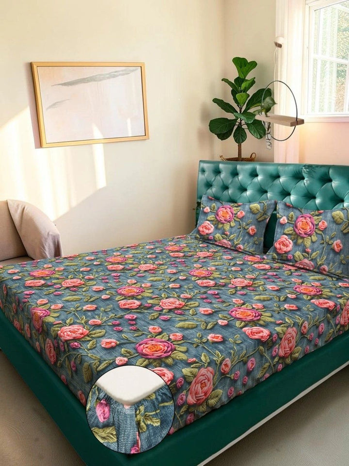Moda Rapido X KLOTTHE Turquoise Blue Floral 300 TC Cadar Katil King dengan 2 Sarung Bantal
