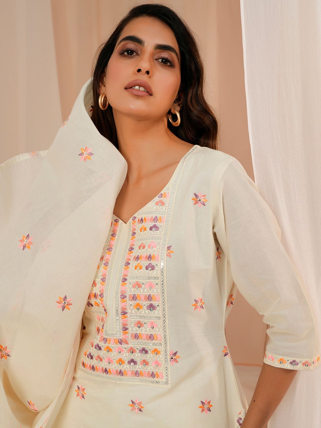 Libas Floral Embroidered Thread Work Pure Cotton Kurta With Palazzos & Dupatta
