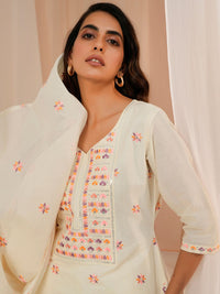 Libas Floral Embroidered Thread Work Pure Cotton Kurta With Palazzos & Dupatta