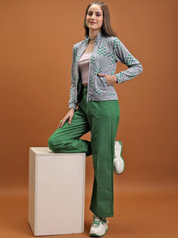 Tokyo Talkies Grey Geometric Printed Mock Collar Jacquard Open Front Jacket