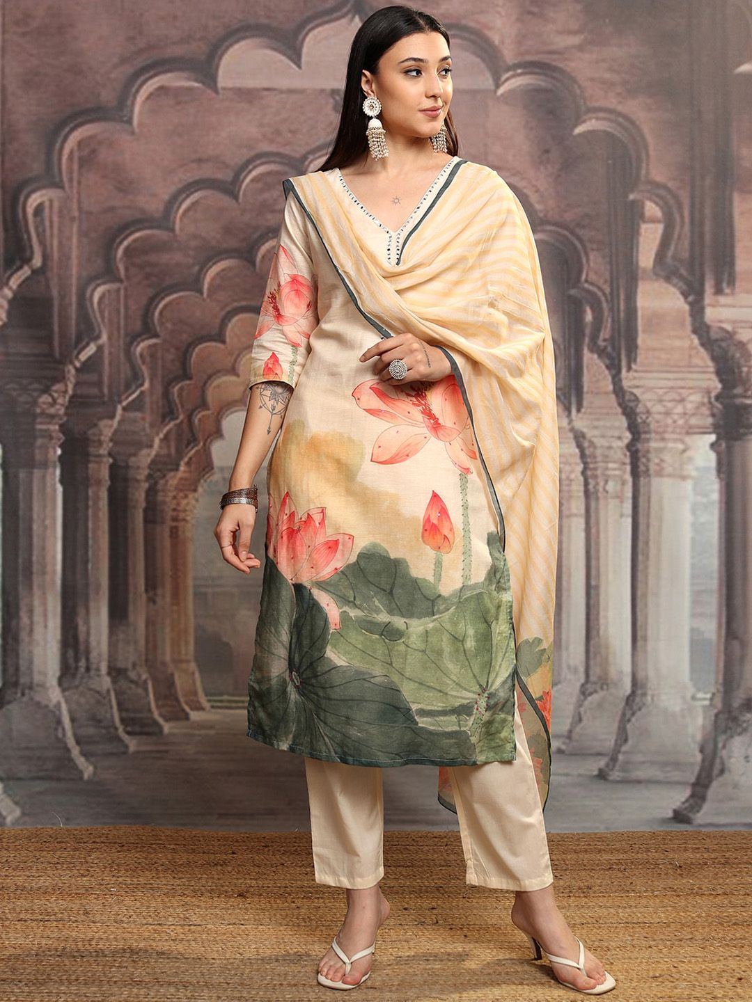 Vishudh Green Floral Printed Mirror Work Pure Cotton Kurta With Trousers & Dupatta