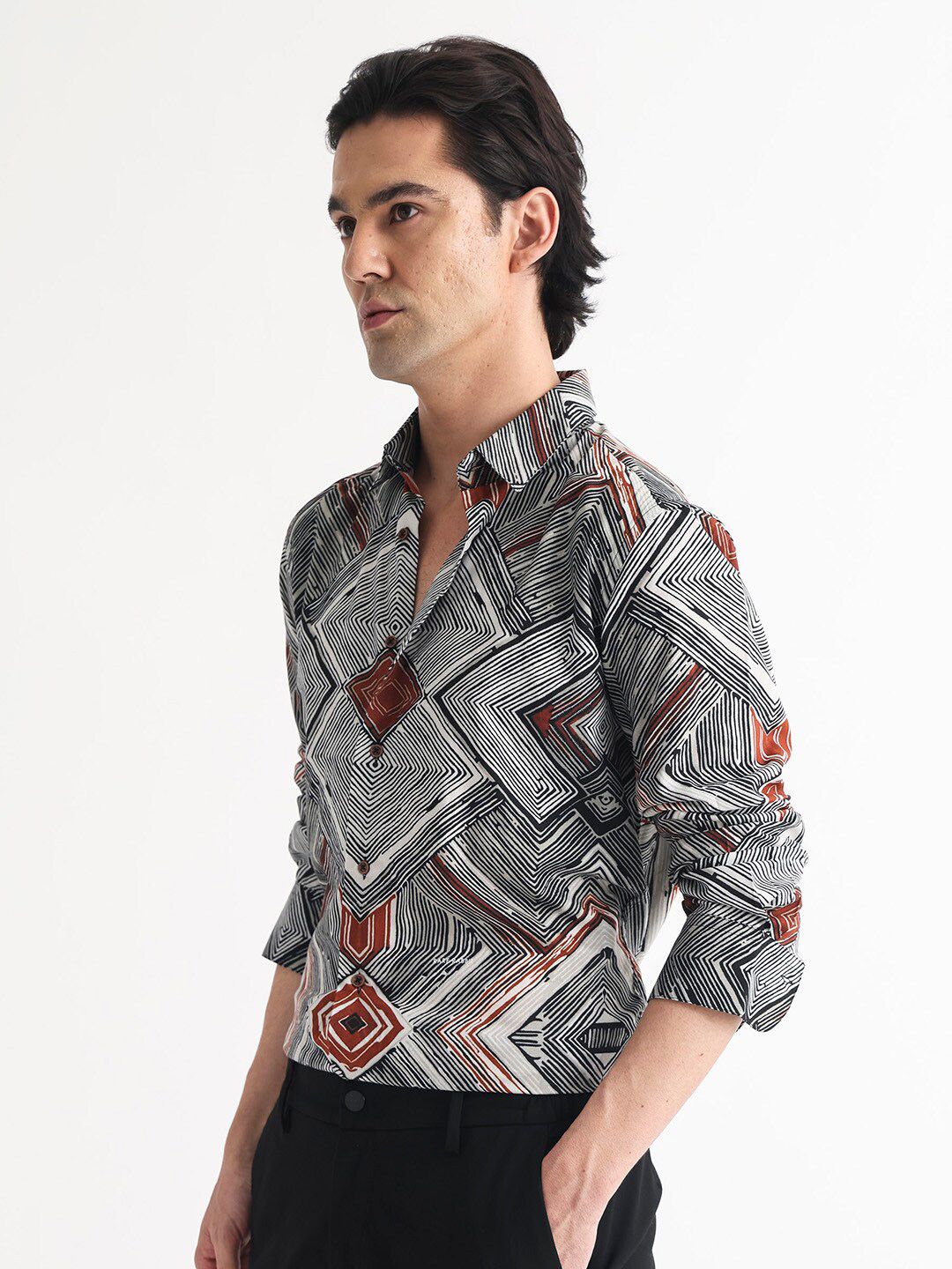 RARE RABBIT Men Sart Abstract Printed Slim Fit Cotton Shirt