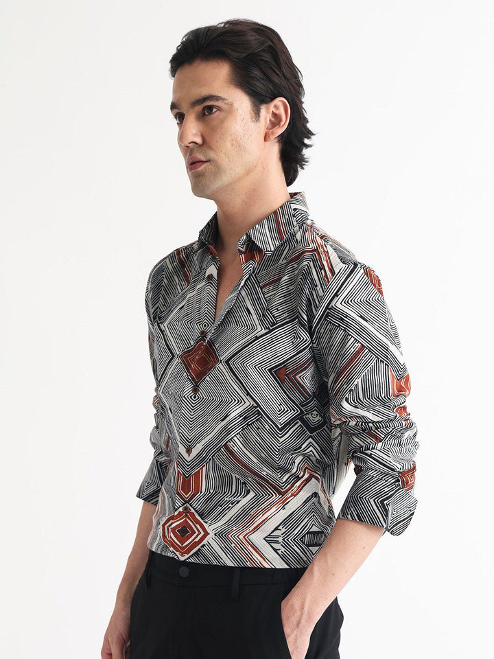 RARE RABBIT Men Sart Abstract Printed Slim Fit Cotton Shirt