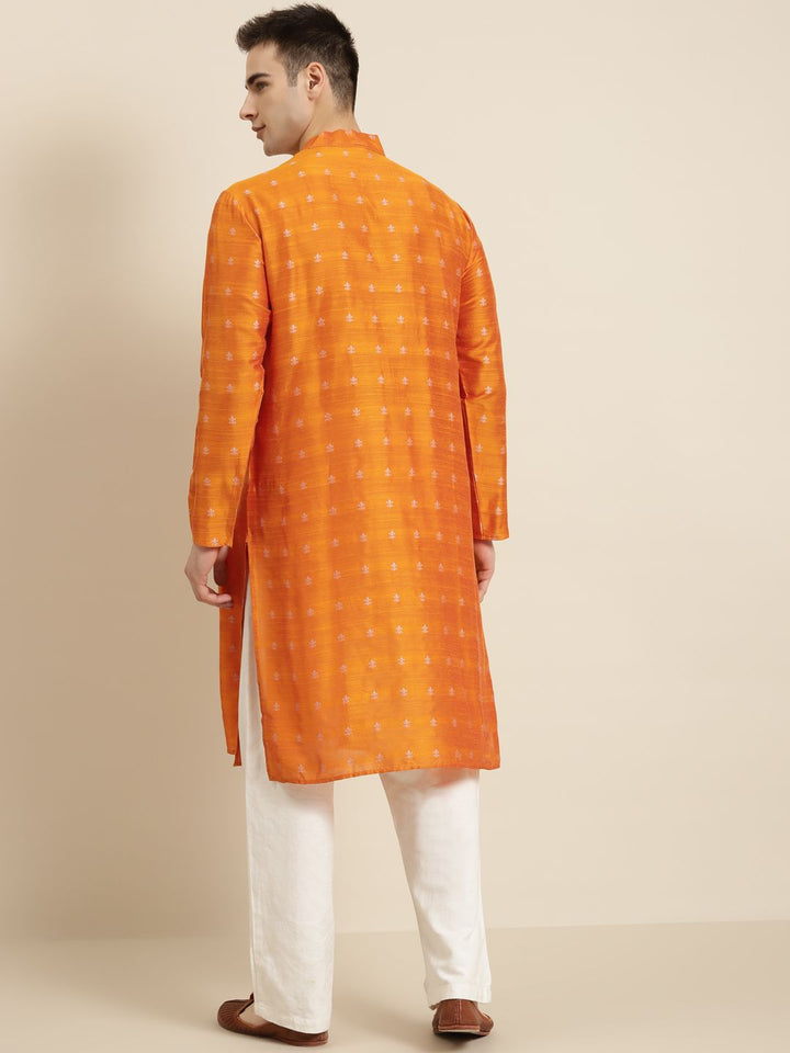 SOJANYA Men Orange & Silver Ethnic Motif Woven Design Jacquard Kurta