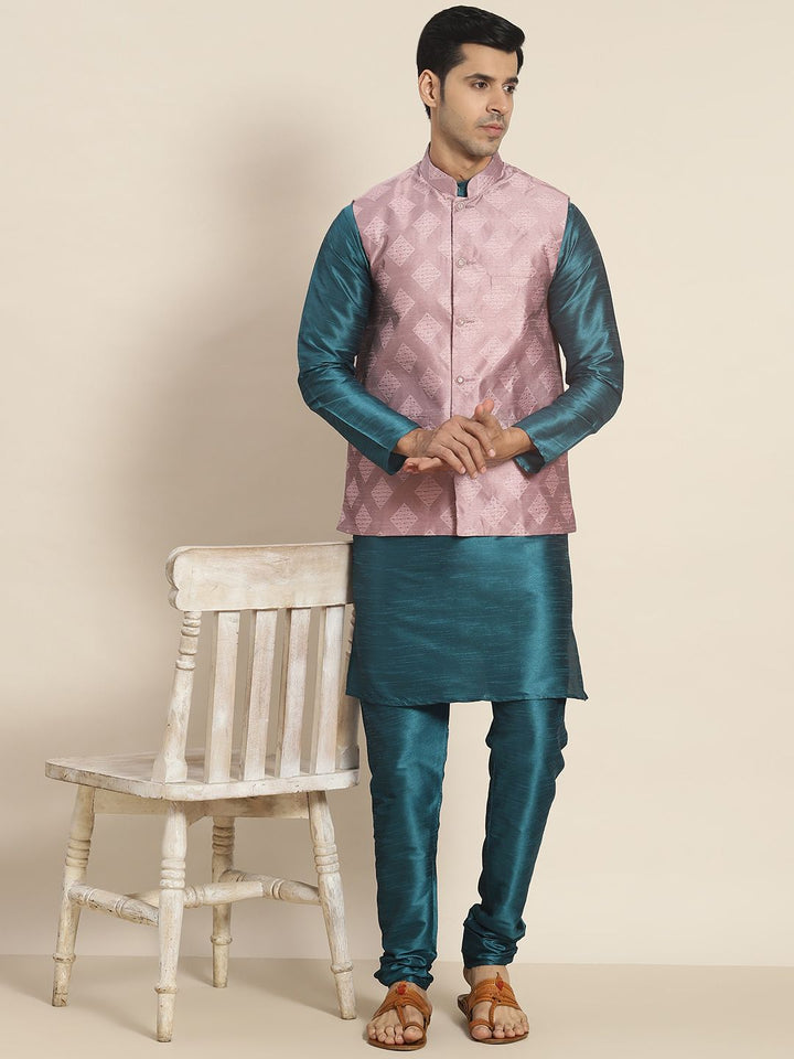 SOJANYA Men Teal Kurta with Churidar with Nehru Jacket