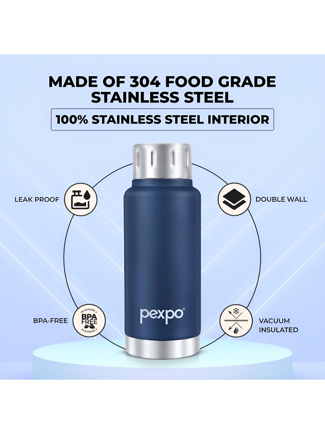 Pexpo Cameo Denim Blue Stainless Steel Double Wall Hot and Cold Flask Water Bottle 300ml