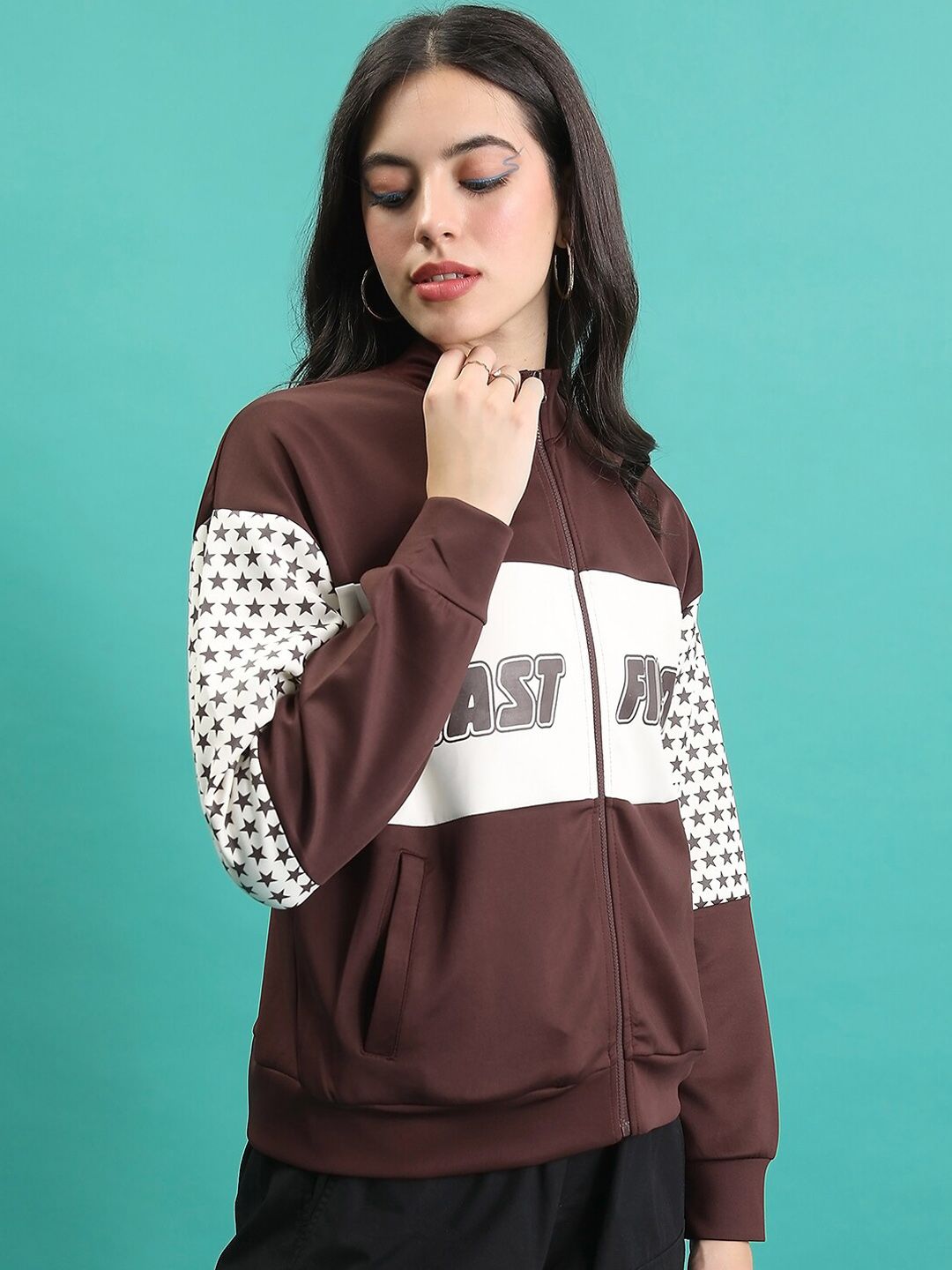 Tokyo Talkies Colourblocked Stand Collar Sporty Jacket