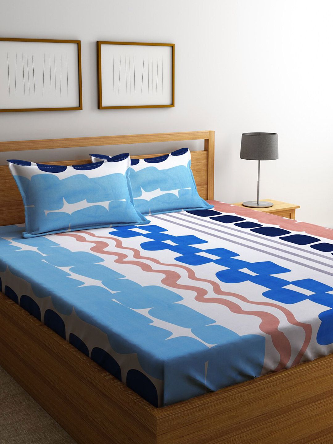 KLOTTHE Navy Blue Abstract Polycotton 300 TC King Fine Bedsheet with 2 Pillow Covers-96 x 89 inches