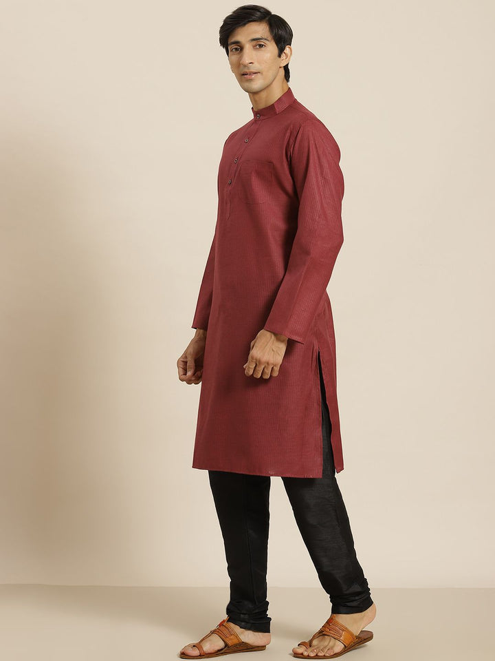 SOJANYA Men Maroon Cotton Self-Striped Straight Kurta