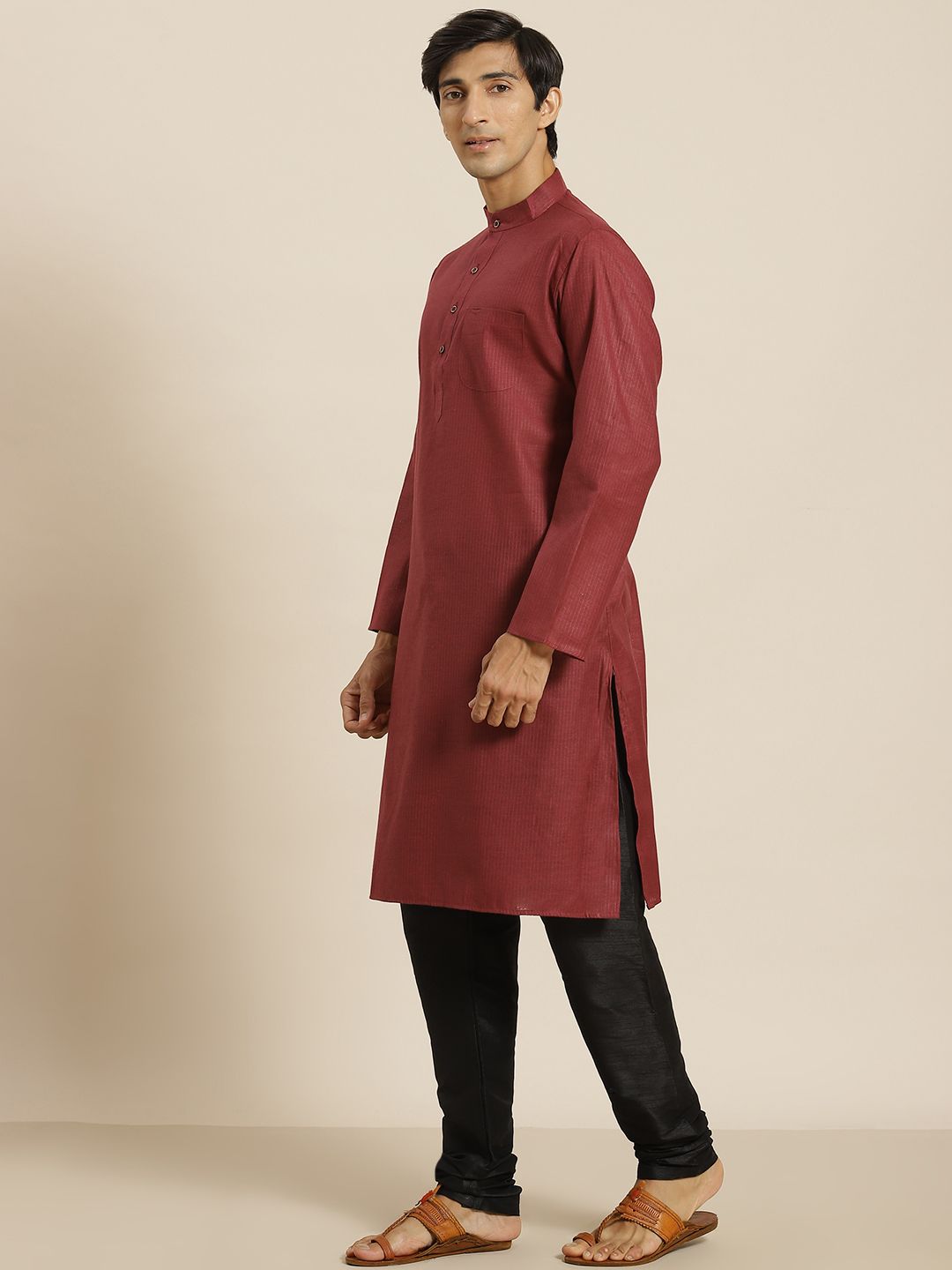 SOJANYA Men Maroon Cotton Self-Striped Straight Kurta