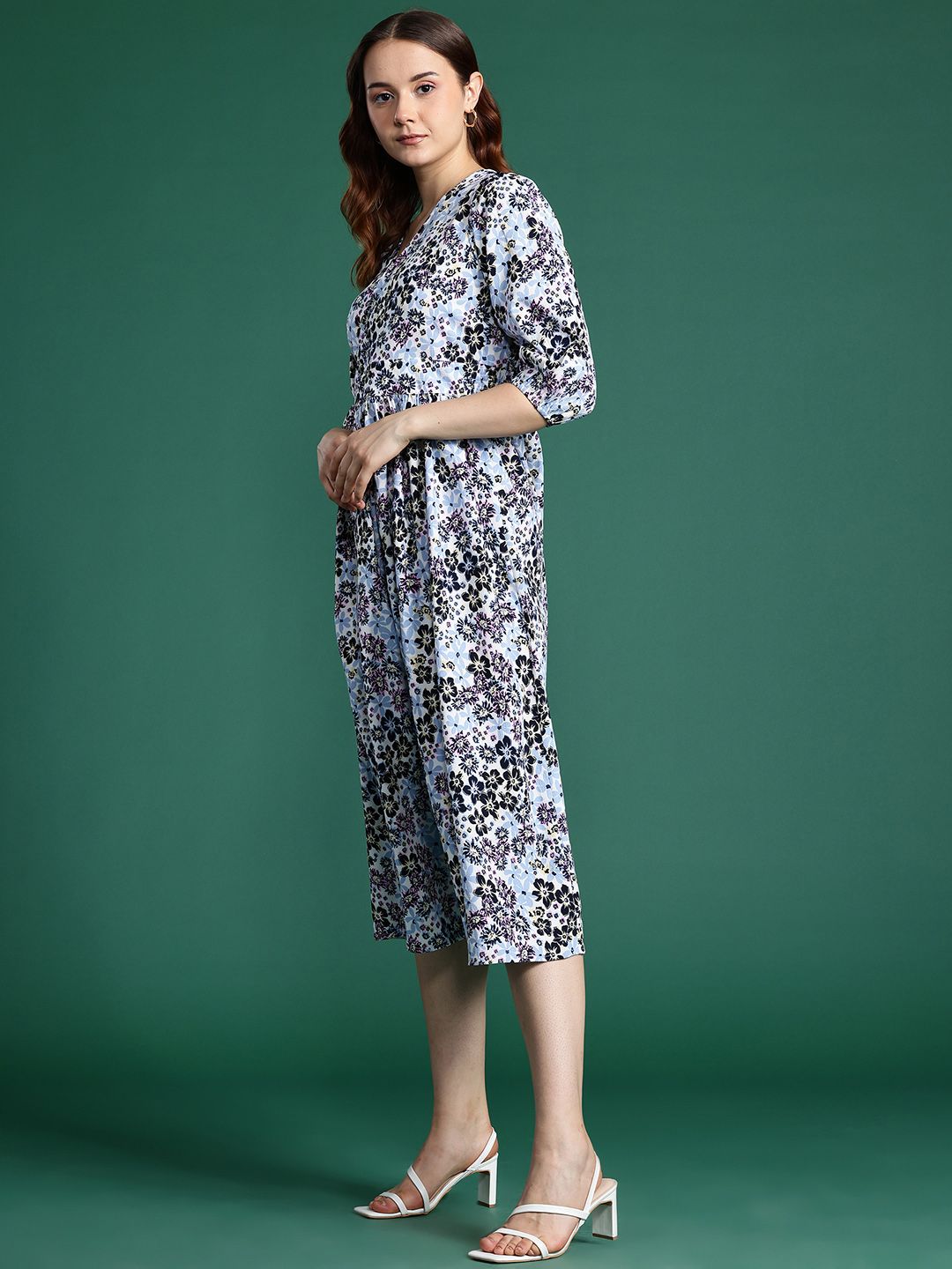 DressBerry Floral Print Puff Sleeve Fit & Flare Midi Dress