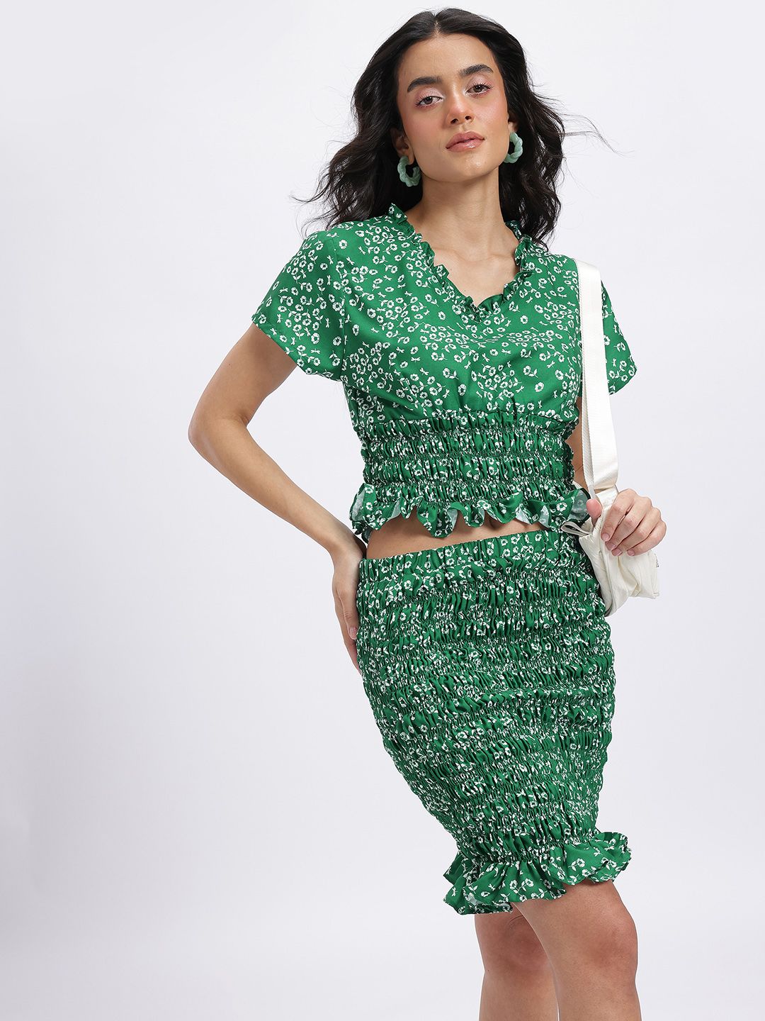 DressBerry Floral Print Smocked Ruffled Detail Cinched Waist Top with Peplum Skirt
